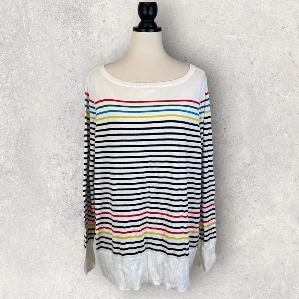 Halogen Sweater White Rainbow Stripe Pima Cotton, New w/ Tags, Size 3X